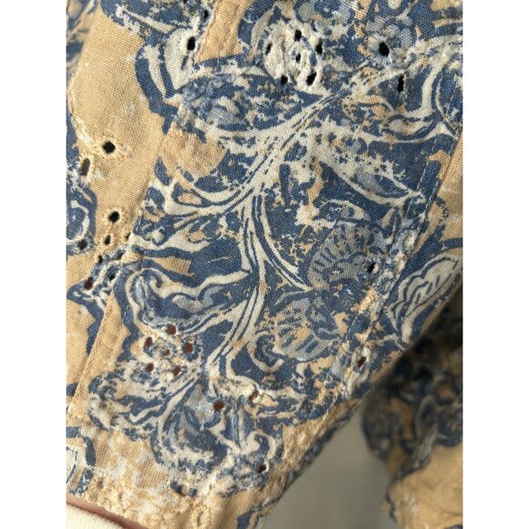 Ruby Rd. Petite 16W Floral Button-Up Shirt Blue & Beige Cotton/Flax - Picture 13 of 15